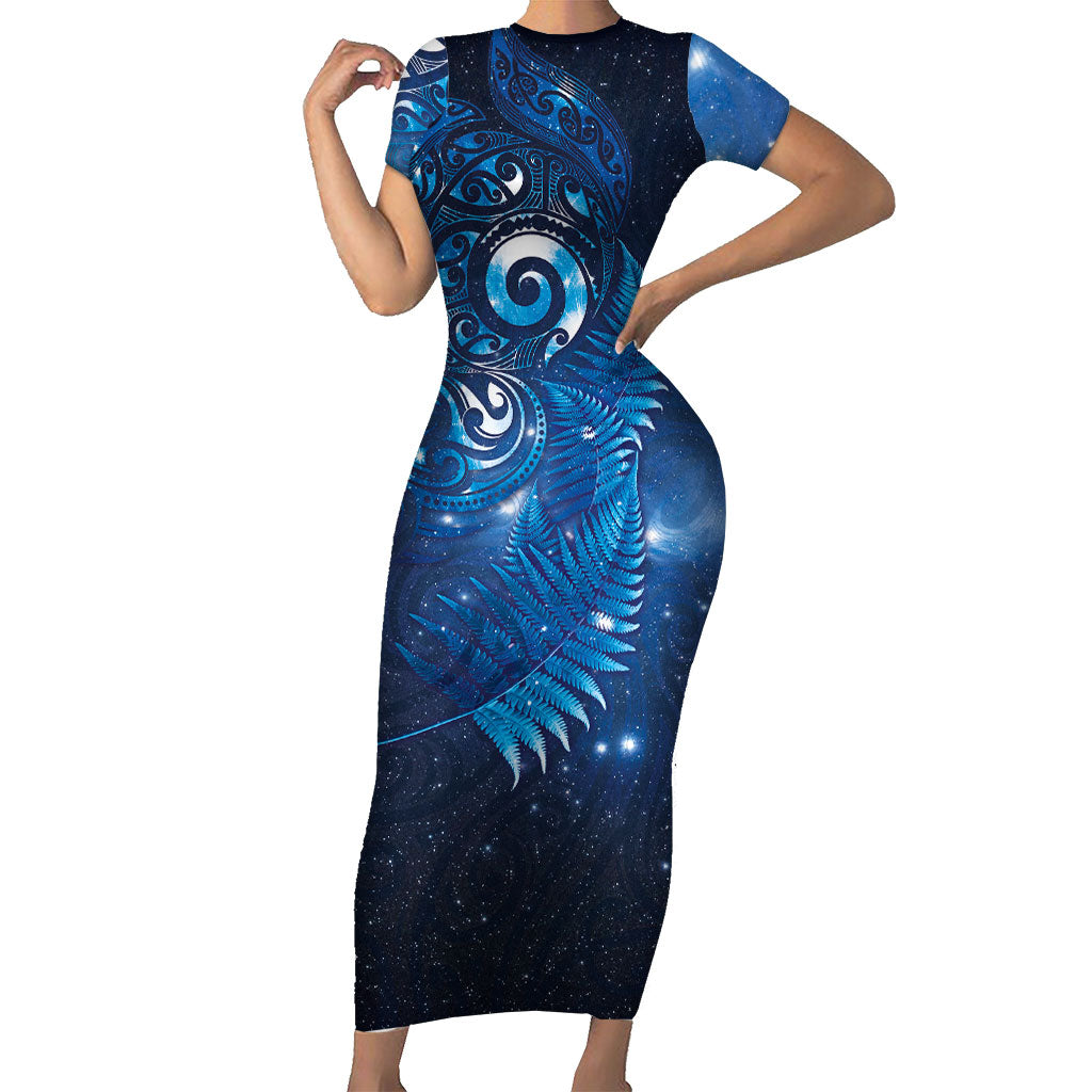 Aotearoa New Zealand New Year Family Matching Short Sleeve Bodycon Dress and Hawaiian Shirt Tribal Koru Tattoo Blue Galaxy Maori Silver Fern