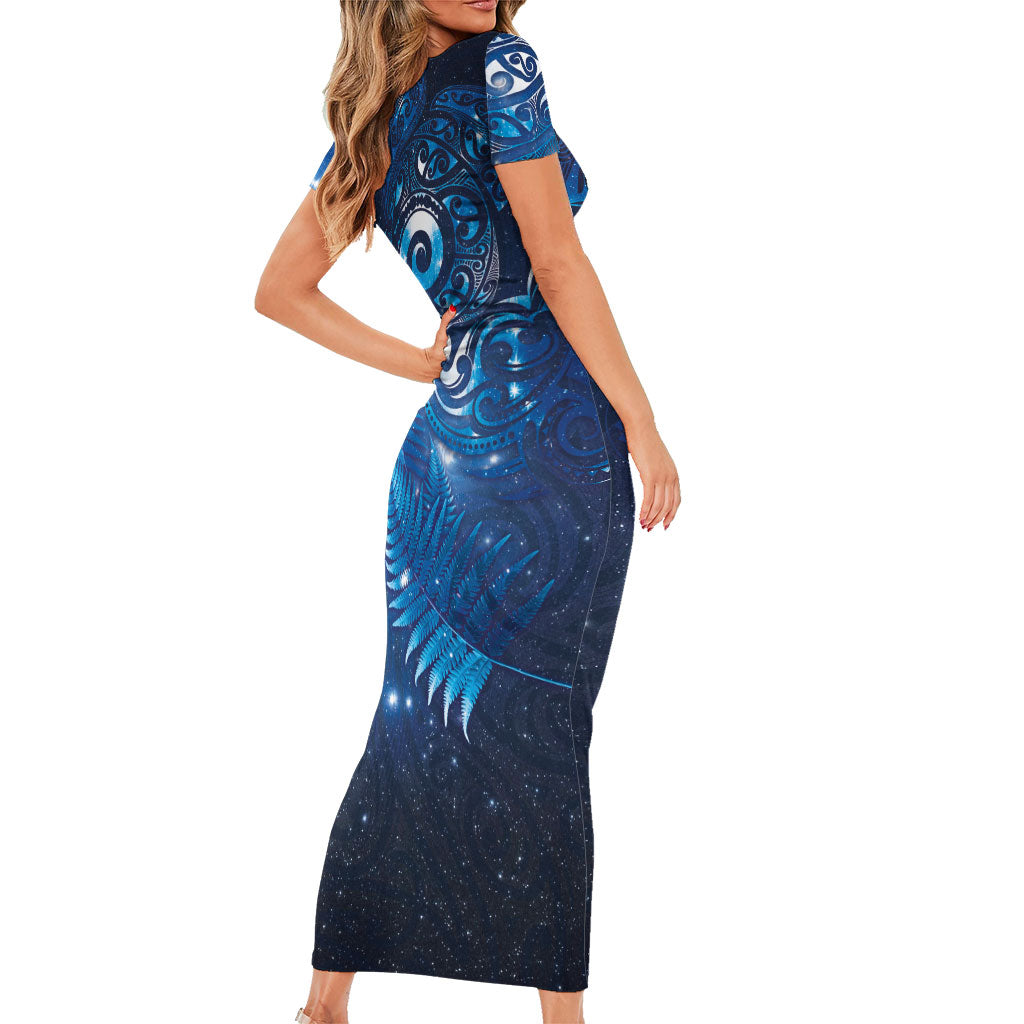 Aotearoa New Zealand New Year Family Matching Short Sleeve Bodycon Dress and Hawaiian Shirt Tribal Koru Tattoo Blue Galaxy Maori Silver Fern