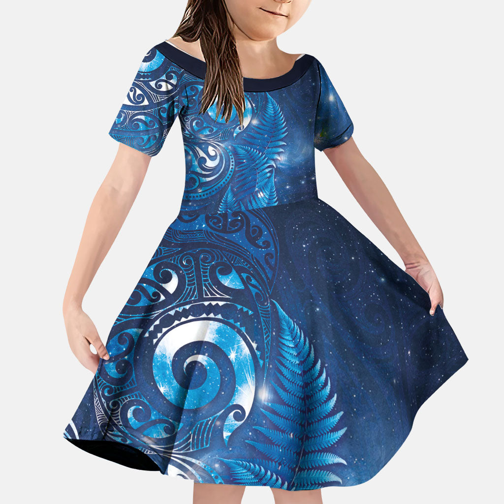 Aotearoa New Zealand New Year Family Matching Summer Maxi Dress and Hawaiian Shirt Tribal Koru Tattoo Blue Galaxy Maori Silver Fern