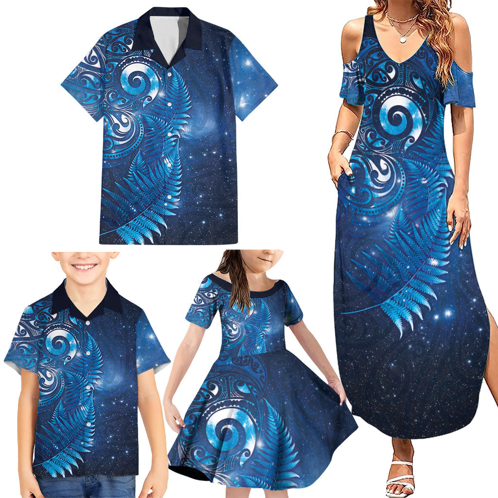 Aotearoa New Zealand New Year Family Matching Summer Maxi Dress and Hawaiian Shirt Tribal Koru Tattoo Blue Galaxy Maori Silver Fern