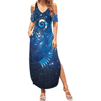 Aotearoa New Zealand New Year Family Matching Summer Maxi Dress and Hawaiian Shirt Tribal Koru Tattoo Blue Galaxy Maori Silver Fern