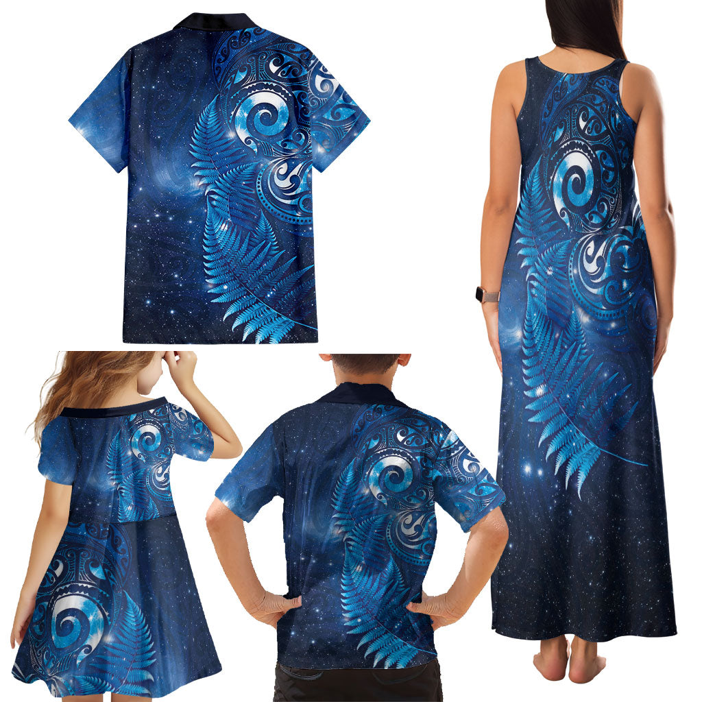 Aotearoa New Zealand New Year Family Matching Tank Maxi Dress and Hawaiian Shirt Tribal Koru Tattoo Blue Galaxy Maori Silver Fern