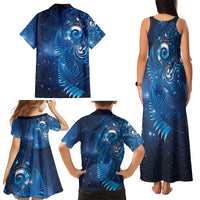 Aotearoa New Zealand New Year Family Matching Tank Maxi Dress and Hawaiian Shirt Tribal Koru Tattoo Blue Galaxy Maori Silver Fern