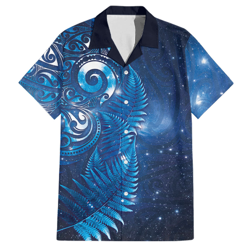 Aotearoa New Zealand New Year Family Matching Tank Maxi Dress and Hawaiian Shirt Tribal Koru Tattoo Blue Galaxy Maori Silver Fern