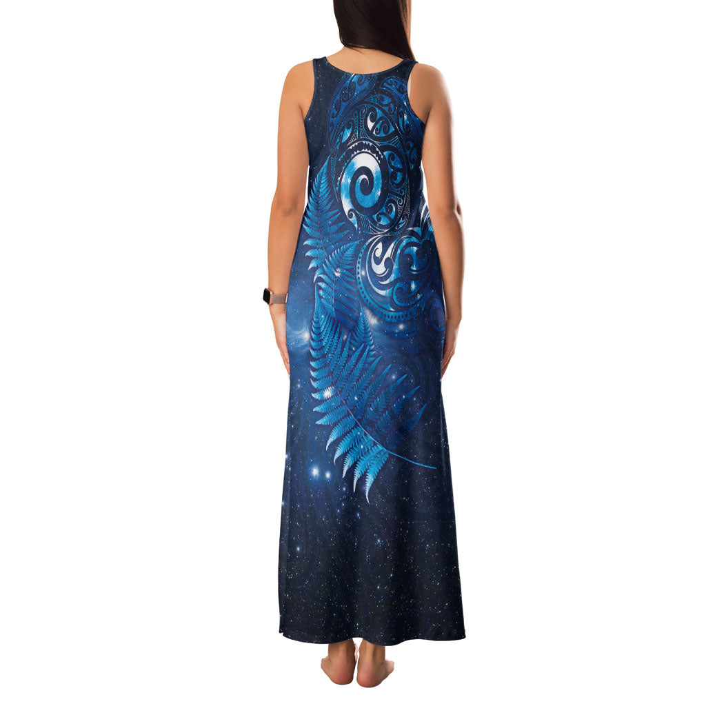 Aotearoa New Zealand New Year Family Matching Tank Maxi Dress and Hawaiian Shirt Tribal Koru Tattoo Blue Galaxy Maori Silver Fern
