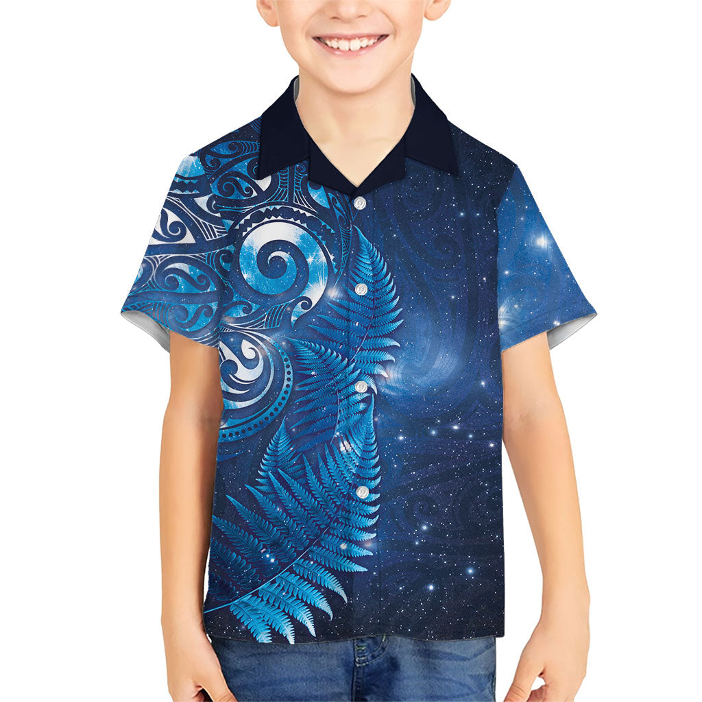 Aotearoa New Zealand New Year Kid Hawaiian Shirt Tribal Koru Tattoo Blue Galaxy Maori Silver Fern