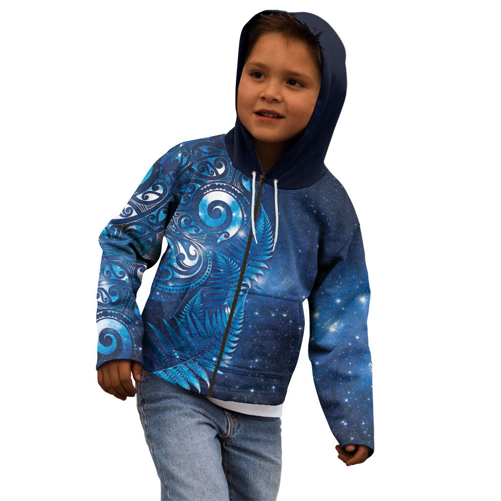 Aotearoa New Zealand New Year Kid Hoodie Tribal Koru Tattoo Blue Galaxy Maori Silver Fern