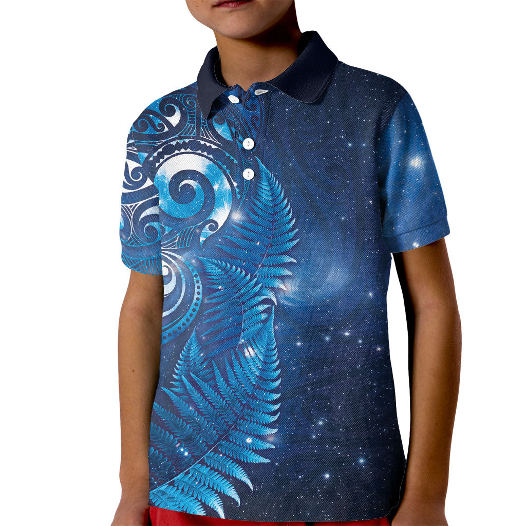 Aotearoa New Zealand New Year Kid Polo Shirt Tribal Koru Tattoo Blue Galaxy Maori Silver Fern
