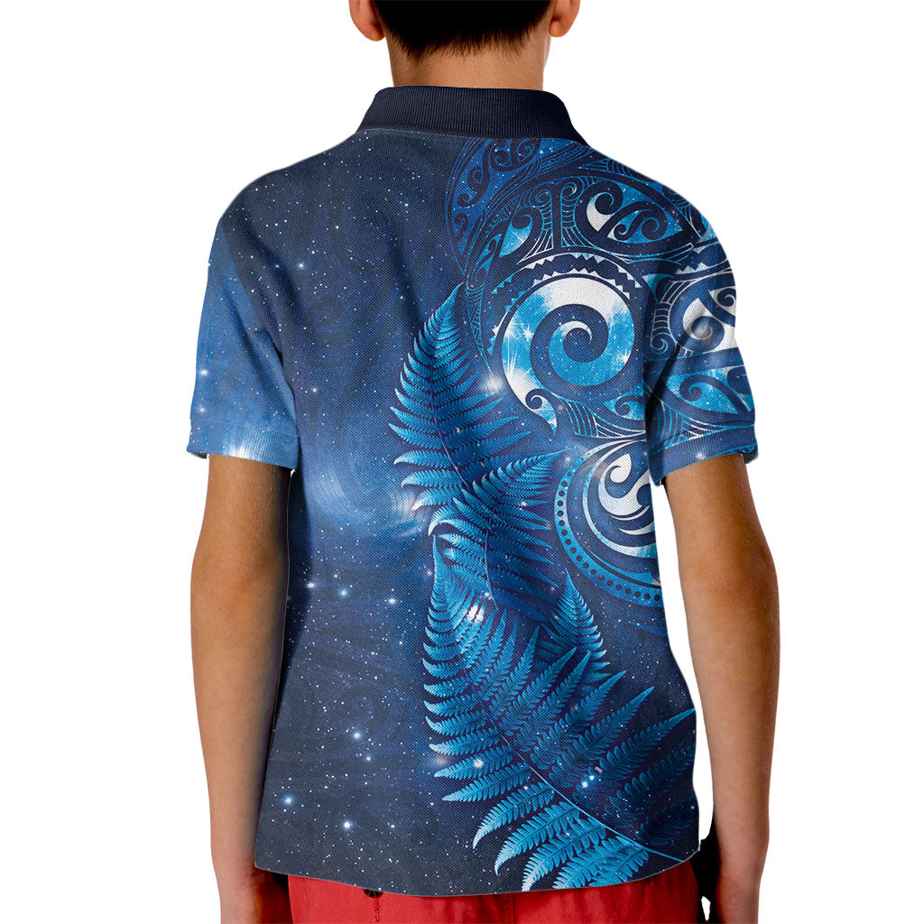 Aotearoa New Zealand New Year Kid Polo Shirt Tribal Koru Tattoo Blue Galaxy Maori Silver Fern