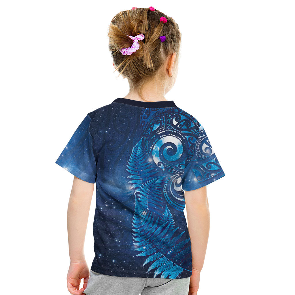Aotearoa New Zealand New Year Kid T Shirt Tribal Koru Tattoo Blue Galaxy Maori Silver Fern
