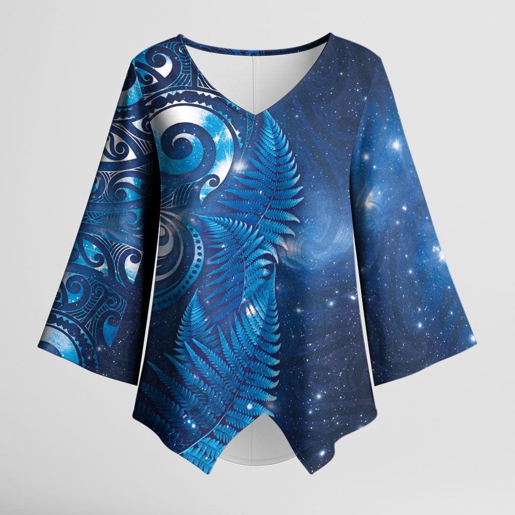 Aotearoa New Zealand New Year Kimono Sleeve Blouse Tribal Koru Tattoo Blue Galaxy Maori Silver Fern LT03 Female Blue - Polynesian Pride