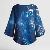 Aotearoa New Zealand New Year Kimono Sleeve Blouse Tribal Koru Tattoo Blue Galaxy Maori Silver Fern