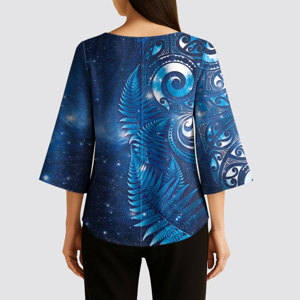 Aotearoa New Zealand New Year Kimono Sleeve Blouse Tribal Koru Tattoo Blue Galaxy Maori Silver Fern