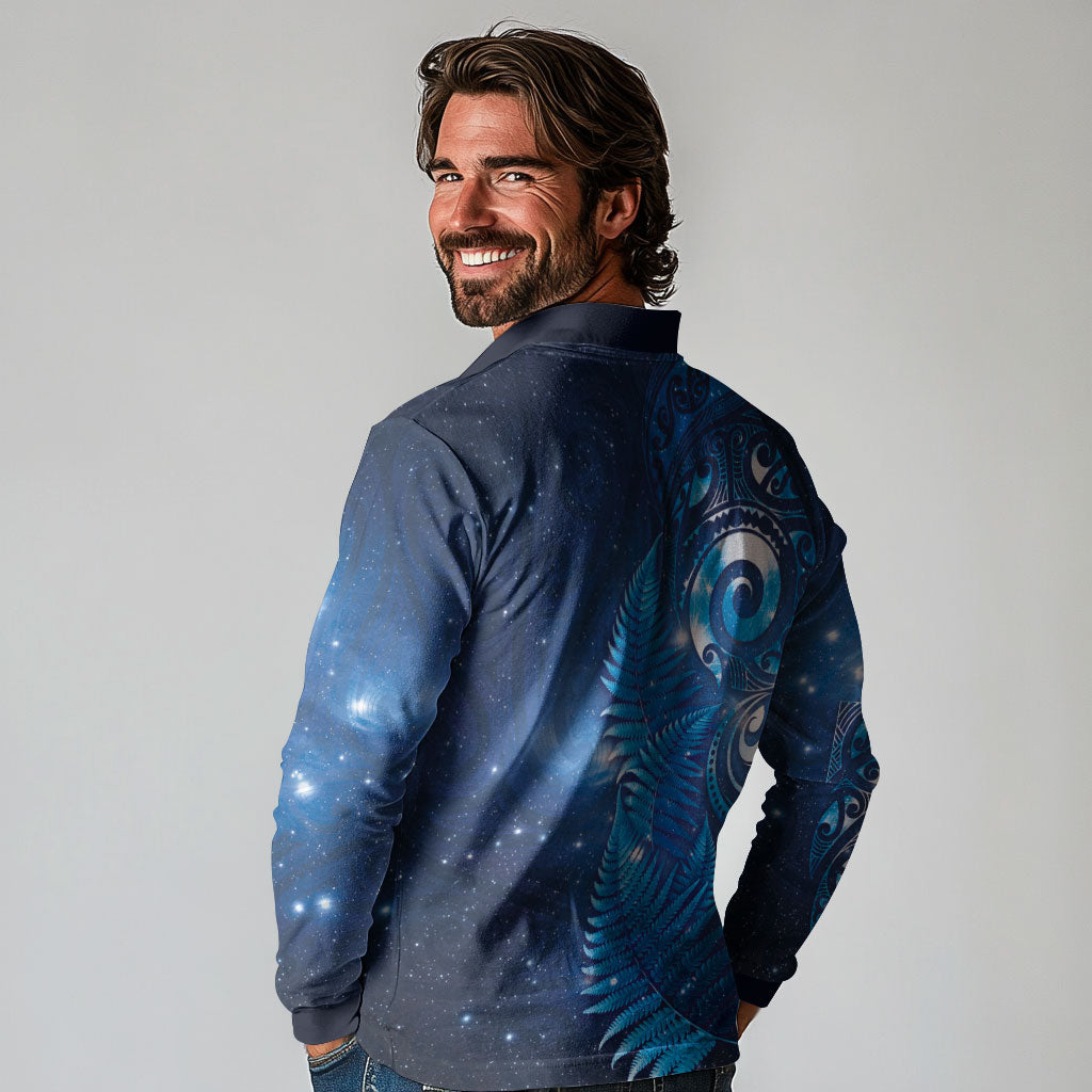 Aotearoa New Zealand New Year Long Sleeve Polo Shirt Tribal Koru Tattoo Blue Galaxy Maori Silver Fern