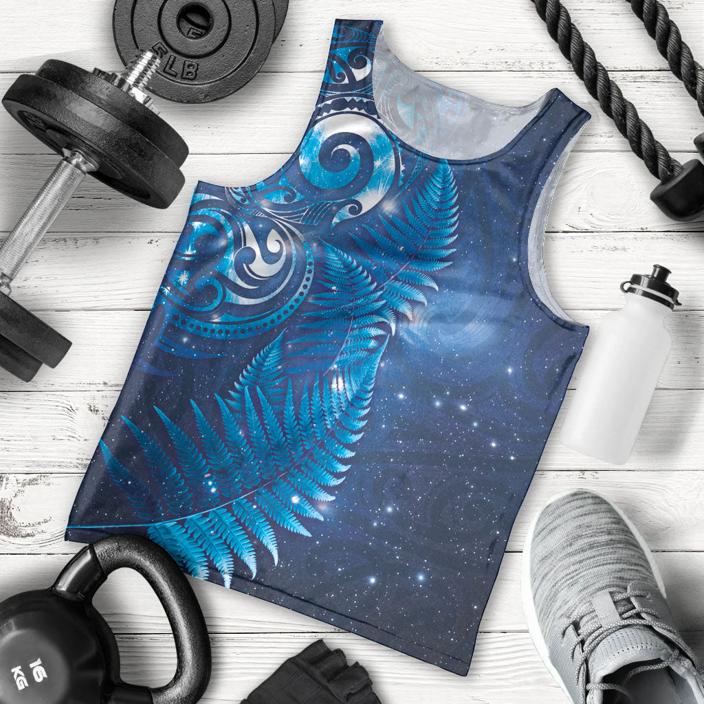 Aotearoa New Zealand New Year Men Tank Top Tribal Koru Tattoo Blue Galaxy Maori Silver Fern