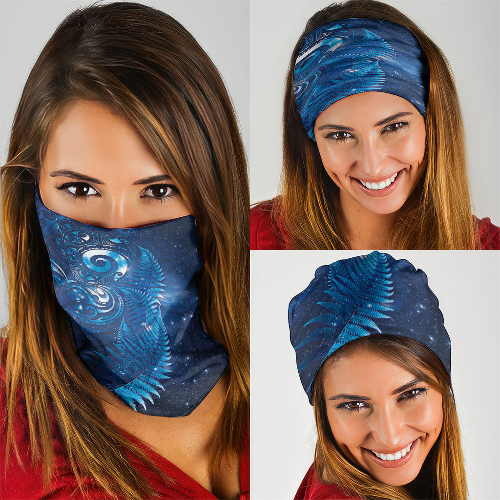 Aotearoa New Zealand New Year Neck Gaiter Tribal Koru Tattoo Blue Galaxy Maori Silver Fern