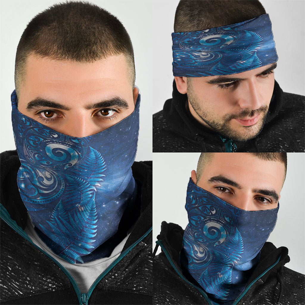 Aotearoa New Zealand New Year Neck Gaiter Tribal Koru Tattoo Blue Galaxy Maori Silver Fern