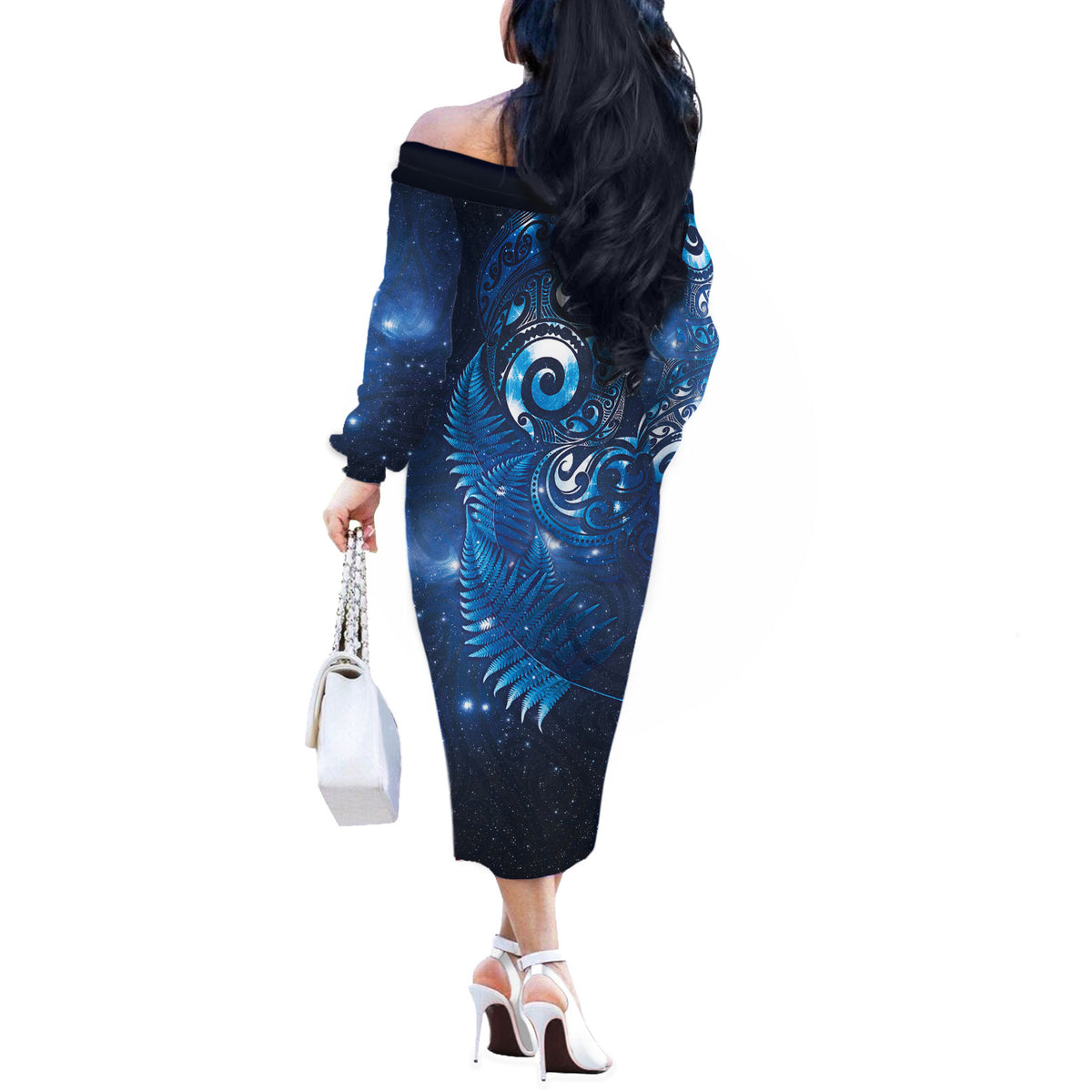Aotearoa New Zealand New Year Off The Shoulder Long Sleeve Dress Tribal Koru Tattoo Blue Galaxy Maori Silver Fern