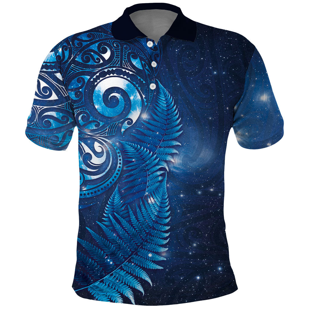Aotearoa New Zealand New Year Polo Shirt Tribal Koru Tattoo Blue Galaxy Maori Silver Fern
