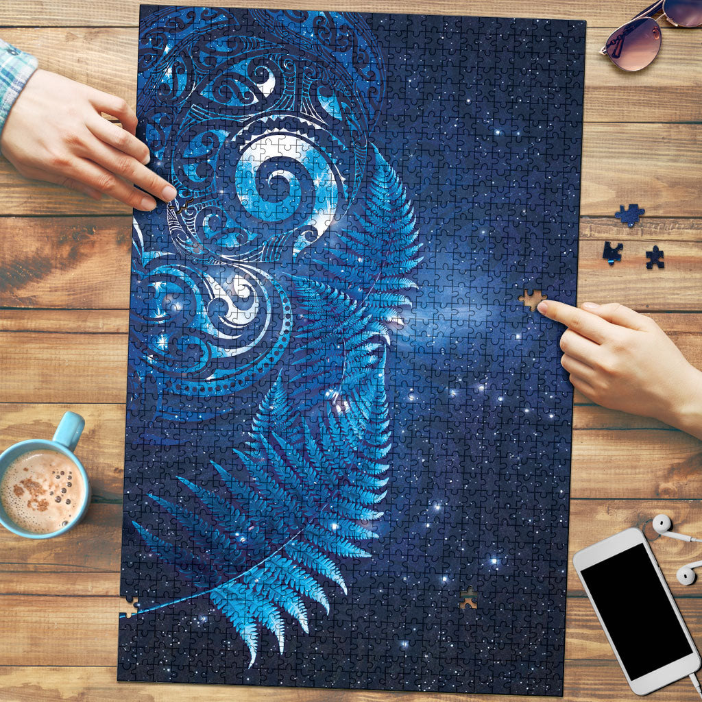 Aotearoa New Zealand New Year Puzzle Tribal Koru Tattoo Blue Galaxy Maori Silver Fern