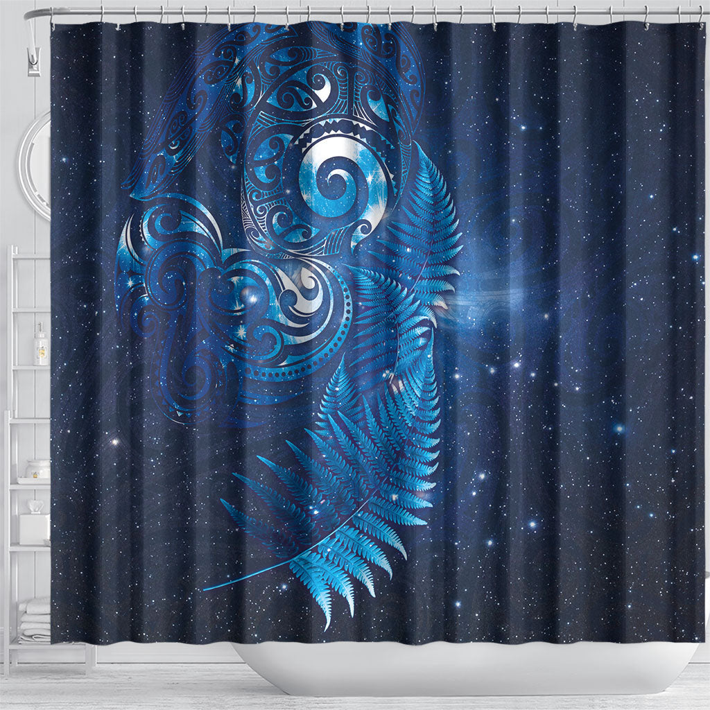 Aotearoa New Zealand New Year Shower Curtain Tribal Koru Tattoo Blue Galaxy Maori Silver Fern