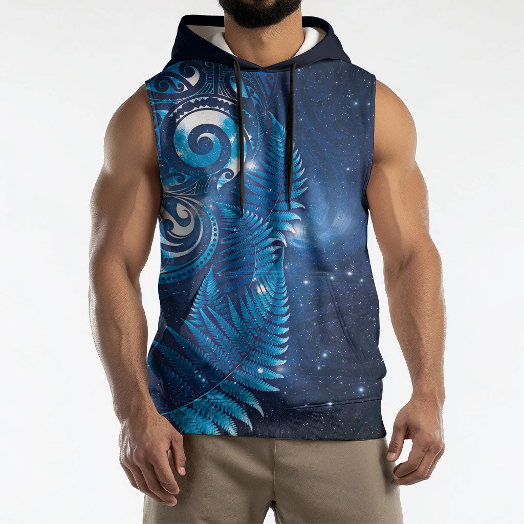 Aotearoa New Zealand New Year Sleeveless Hoodie Tribal Koru Tattoo Blue Galaxy Maori Silver Fern