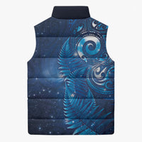 Aotearoa New Zealand New Year Sleeveless Puffer Jacket Tribal Koru Tattoo Blue Galaxy Maori Silver Fern