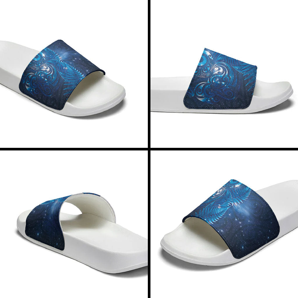 Aotearoa New Zealand New Year Slide Sandals Tribal Koru Tattoo Blue Galaxy Maori Silver Fern