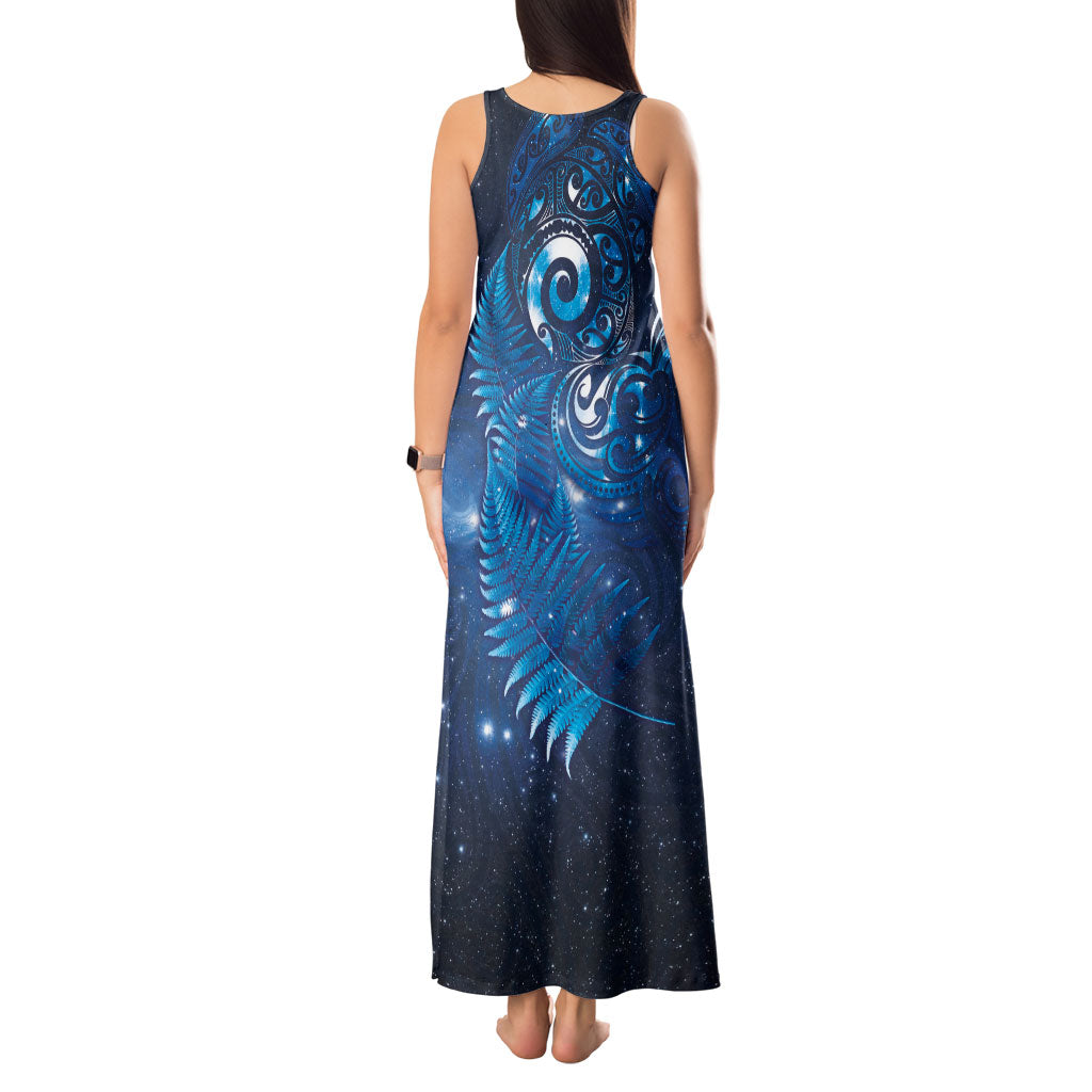 Aotearoa New Zealand New Year Tank Maxi Dress Tribal Koru Tattoo Blue Galaxy Maori Silver Fern