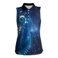 Aotearoa New Zealand New Year Women Sleeveless Polo Shirt Tribal Koru Tattoo Blue Galaxy Maori Silver Fern