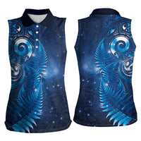Aotearoa New Zealand New Year Women Sleeveless Polo Shirt Tribal Koru Tattoo Blue Galaxy Maori Silver Fern
