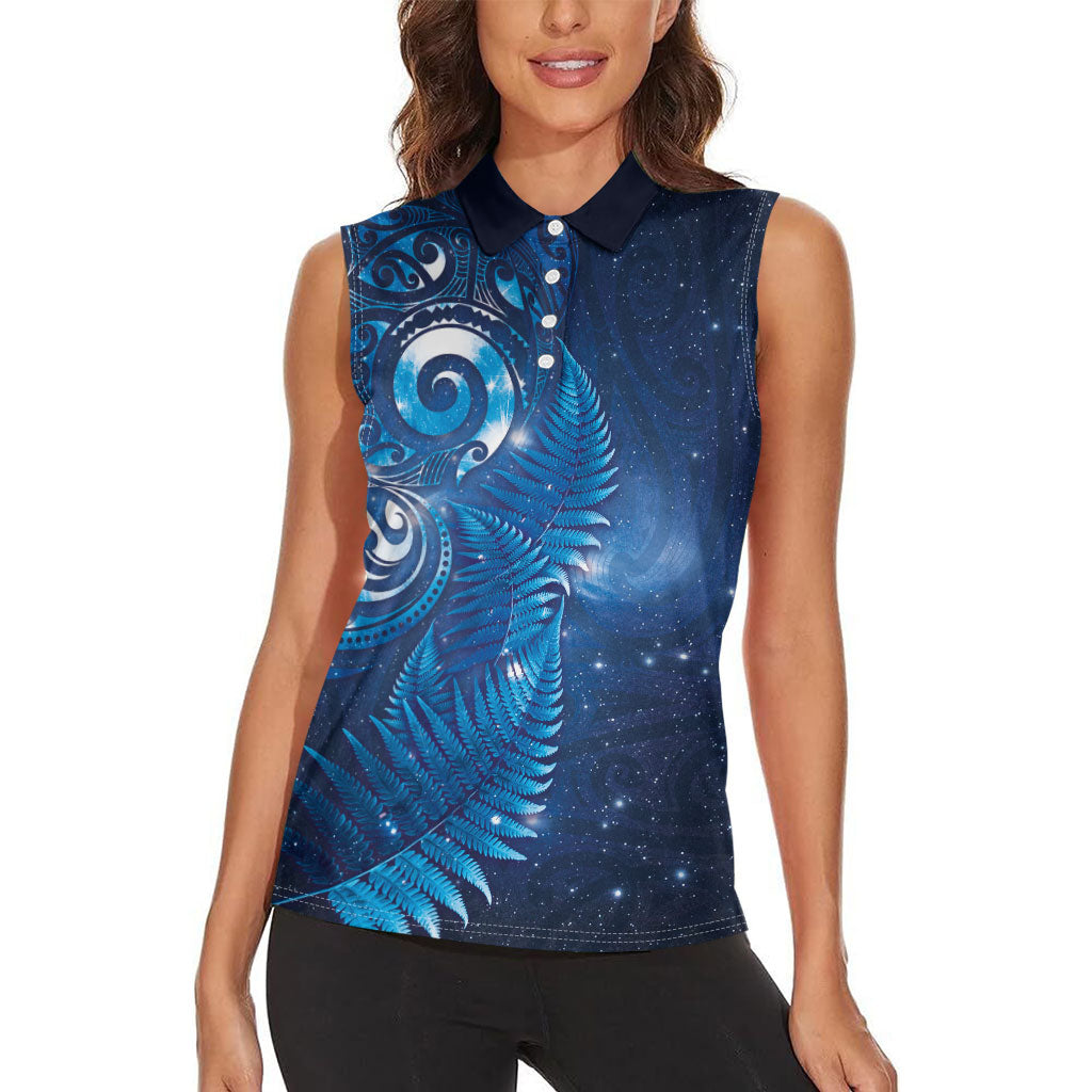 Aotearoa New Zealand New Year Women Sleeveless Polo Shirt Tribal Koru Tattoo Blue Galaxy Maori Silver Fern