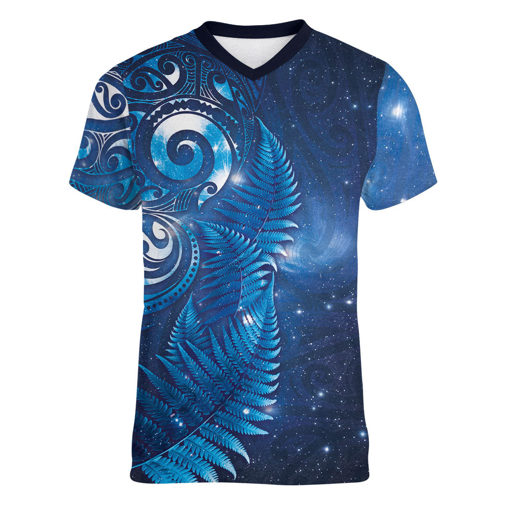 Aotearoa New Zealand New Year Women V-Neck T-Shirt Tribal Koru Tattoo Blue Galaxy Maori Silver Fern