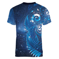 Aotearoa New Zealand New Year Women V-Neck T-Shirt Tribal Koru Tattoo Blue Galaxy Maori Silver Fern
