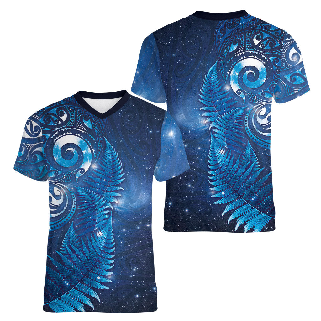Aotearoa New Zealand New Year Women V-Neck T-Shirt Tribal Koru Tattoo Blue Galaxy Maori Silver Fern