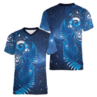 Aotearoa New Zealand New Year Women V-Neck T-Shirt Tribal Koru Tattoo Blue Galaxy Maori Silver Fern