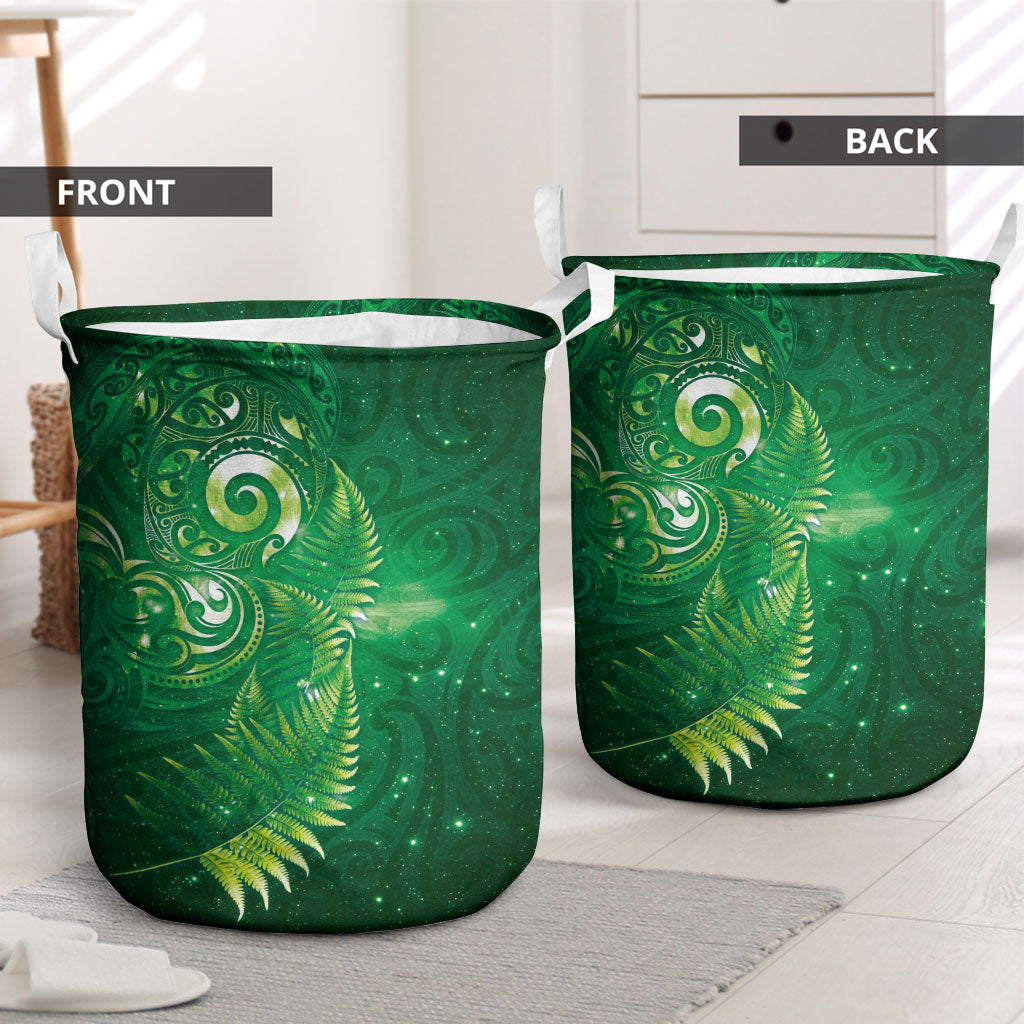 Aotearoa New Zealand New Year Laundry Basket Tribal Koru Tattoo Green Galaxy Maori Silver Fern