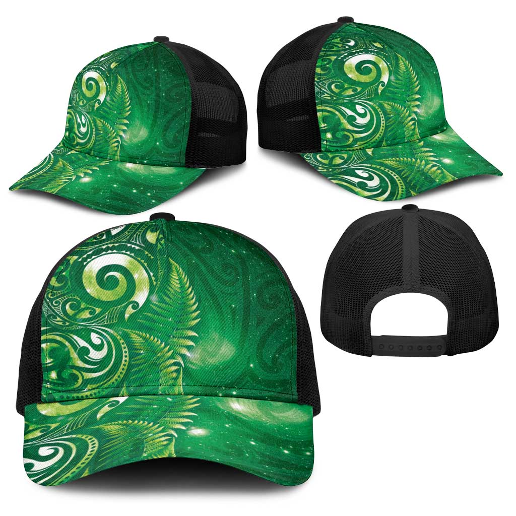 Aotearoa New Zealand New Year Baseball Net Cap Tribal Koru Tattoo Green Galaxy Maori Silver Fern