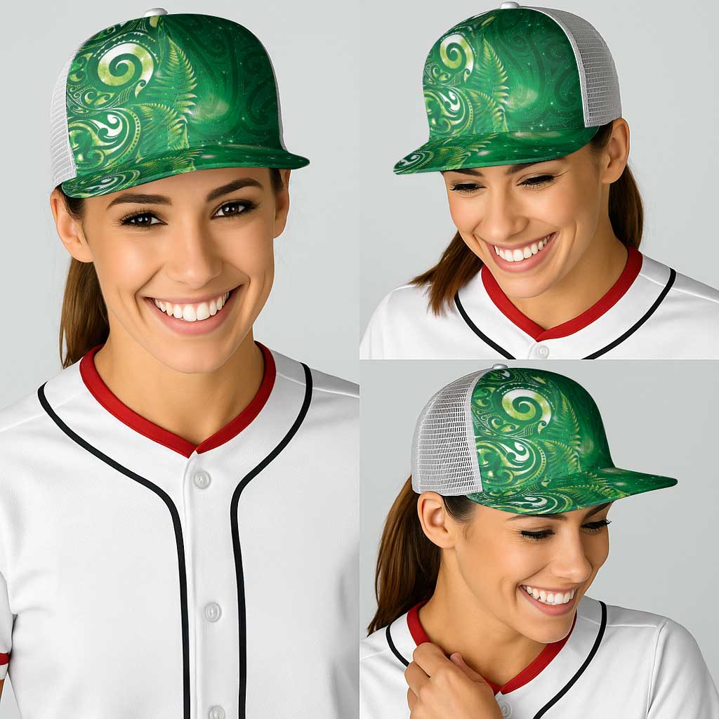 Aotearoa New Zealand New Year Baseball Net Cap Tribal Koru Tattoo Green Galaxy Maori Silver Fern