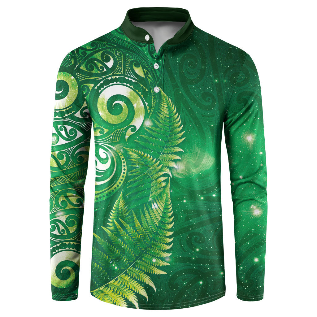Aotearoa New Zealand New Year Button Sweatshirt Tribal Koru Tattoo Green Galaxy Maori Silver Fern LT03 Green - Polynesian Pride