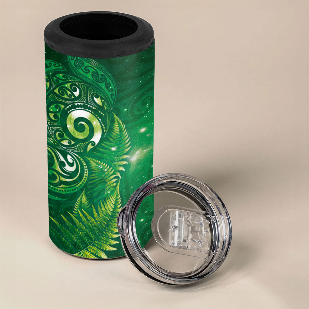 Aotearoa New Zealand New Year 4 in 1 Can Cooler Tumbler Tribal Koru Tattoo Green Galaxy Maori Silver Fern