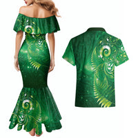 Aotearoa New Zealand New Year Couples Matching Mermaid Dress and Hawaiian Shirt Tribal Koru Tattoo Green Galaxy Maori Silver Fern