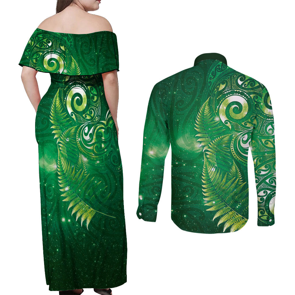 Aotearoa New Zealand New Year Couples Matching Off Shoulder Maxi Dress and Long Sleeve Button Shirt Tribal Koru Tattoo Green Galaxy Maori Silver Fern