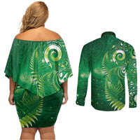 Aotearoa New Zealand New Year Couples Matching Off Shoulder Short Dress and Long Sleeve Button Shirt Tribal Koru Tattoo Green Galaxy Maori Silver Fern