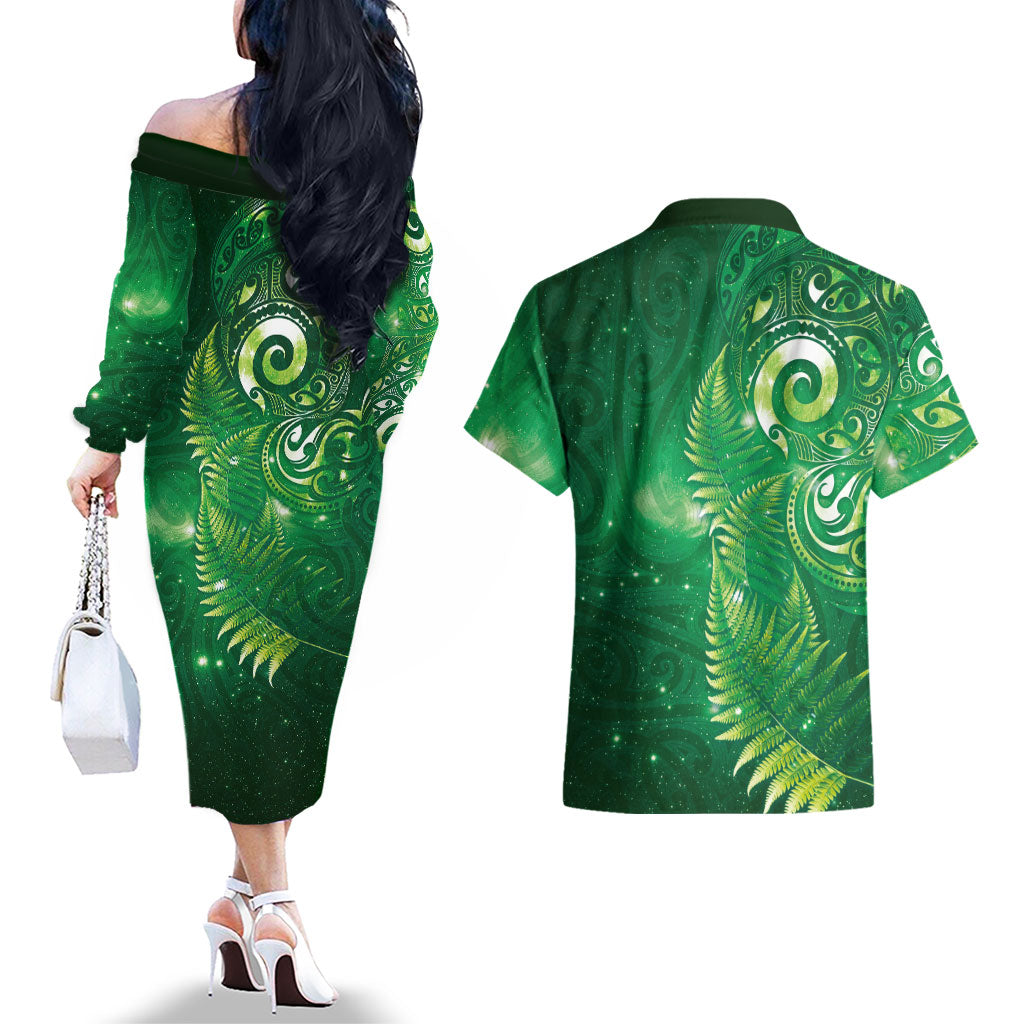 Aotearoa New Zealand New Year Couples Matching Off The Shoulder Long Sleeve Dress and Hawaiian Shirt Tribal Koru Tattoo Green Galaxy Maori Silver Fern