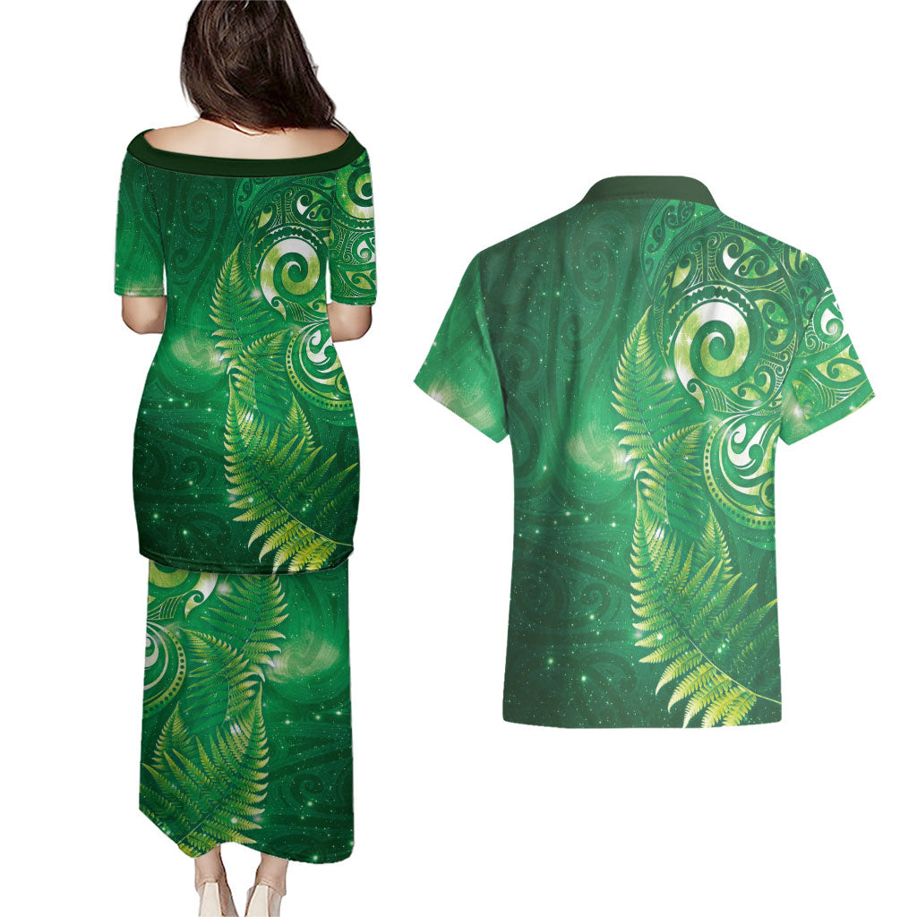 Aotearoa New Zealand New Year Couples Matching Puletasi and Hawaiian Shirt Tribal Koru Tattoo Green Galaxy Maori Silver Fern