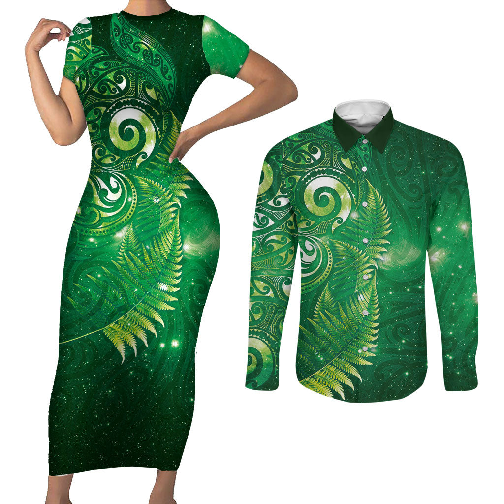 Aotearoa New Zealand New Year Couples Matching Short Sleeve Bodycon Dress and Long Sleeve Button Shirt Tribal Koru Tattoo Green Galaxy Maori Silver Fern