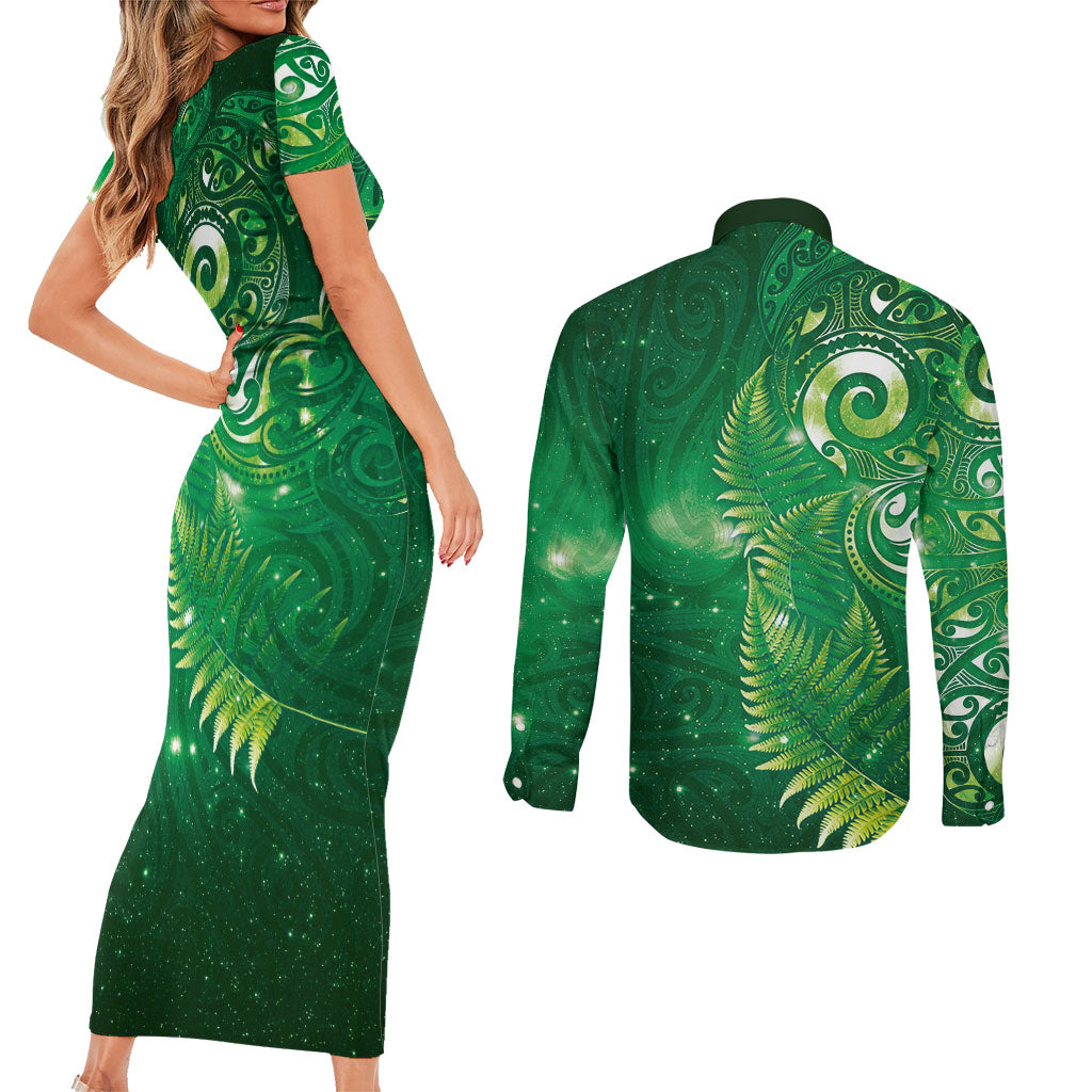 Aotearoa New Zealand New Year Couples Matching Short Sleeve Bodycon Dress and Long Sleeve Button Shirt Tribal Koru Tattoo Green Galaxy Maori Silver Fern