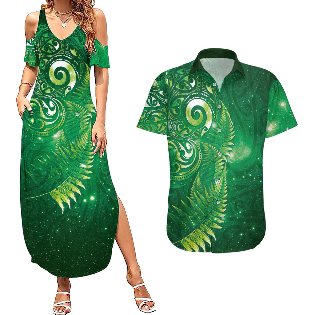 Aotearoa New Zealand New Year Couples Matching Summer Maxi Dress and Hawaiian Shirt Tribal Koru Tattoo Green Galaxy Maori Silver Fern LT03 Green - Polynesian Pride