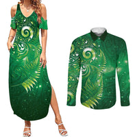 Aotearoa New Zealand New Year Couples Matching Summer Maxi Dress and Long Sleeve Button Shirt Tribal Koru Tattoo Green Galaxy Maori Silver Fern